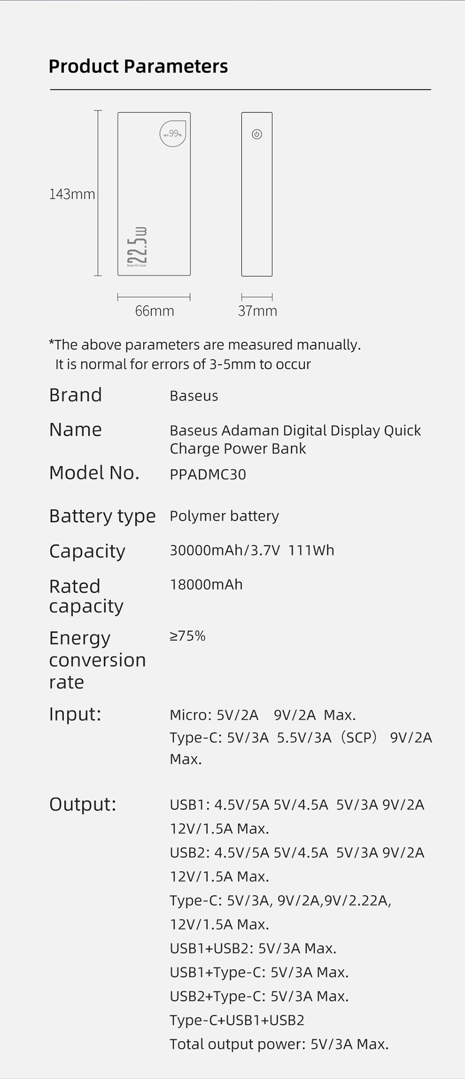 30000 mAh 22.5W PD Fast Charging Portable Power bank