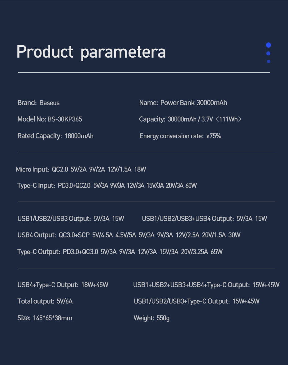 30000 mAh 65W PD Two-way Quick Charge Portable Power bank